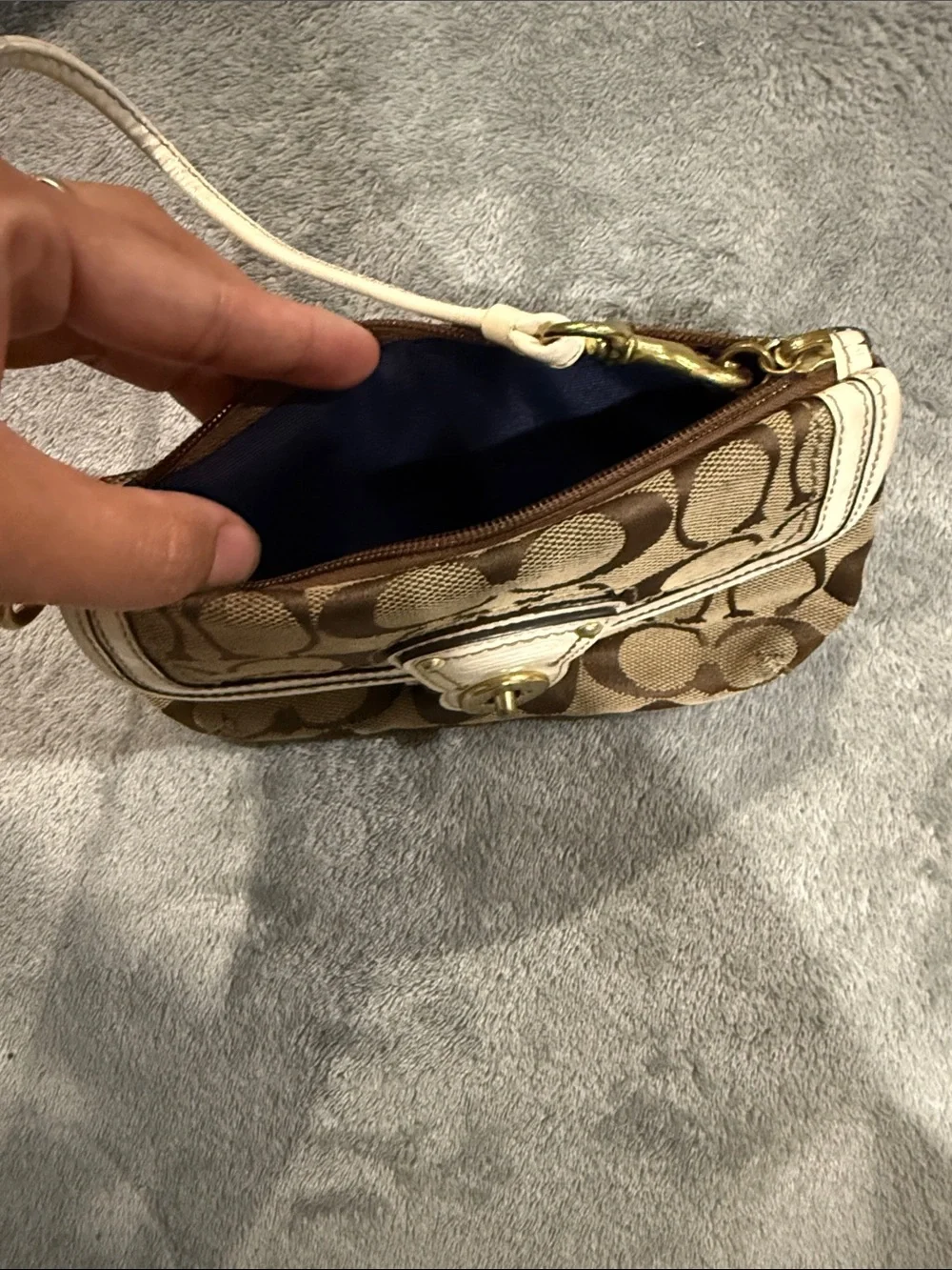 Coach Brown Signature Canvas Wristlet with Cream Trim and Gold Hardware